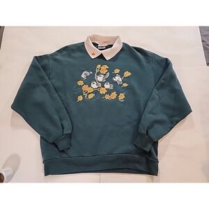 90's Vintage Morning Sun Sweatshirt Sz Lg Green Chickadee‎ Bird Peter Pan Collar